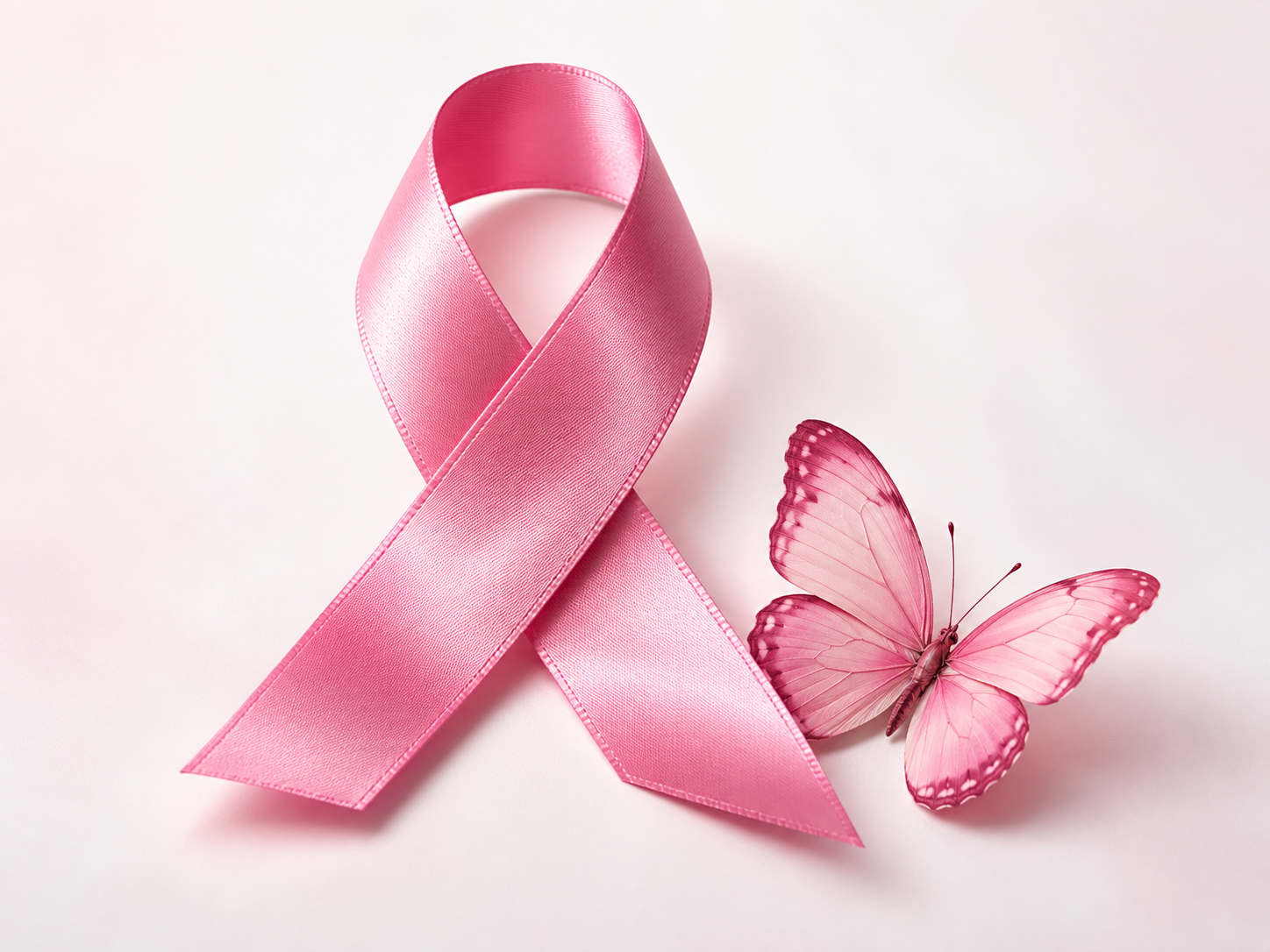 A pink breast cancer awareness ribbon with a butterfly against a soft blush background